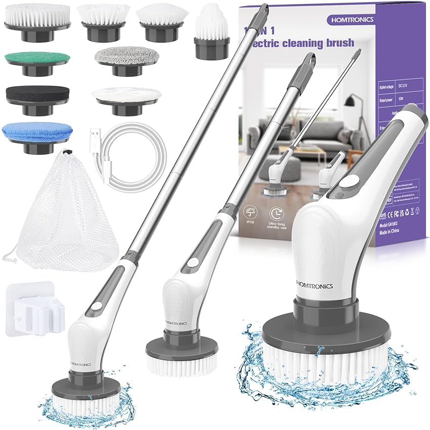 Immagine del prodotto Homtronics Spazzola Elettrica Rotante, (10 in 1) Spazzola Elettrica per Pulizia Casa con 9 Testine Sostituibili, Spazzola Pulizia Senza Fili, Impermeabile IPX8, Manico Regolabile per Bagno Cucina Auto
