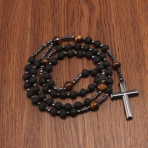 Miniatura 3 de Lava Rock Bracelets Tiger Eye Necklace for Men, Hematite Cross Rosary Necklace Triple Protection Healing Crystal Jewelry Gifts for Dad Grandpa