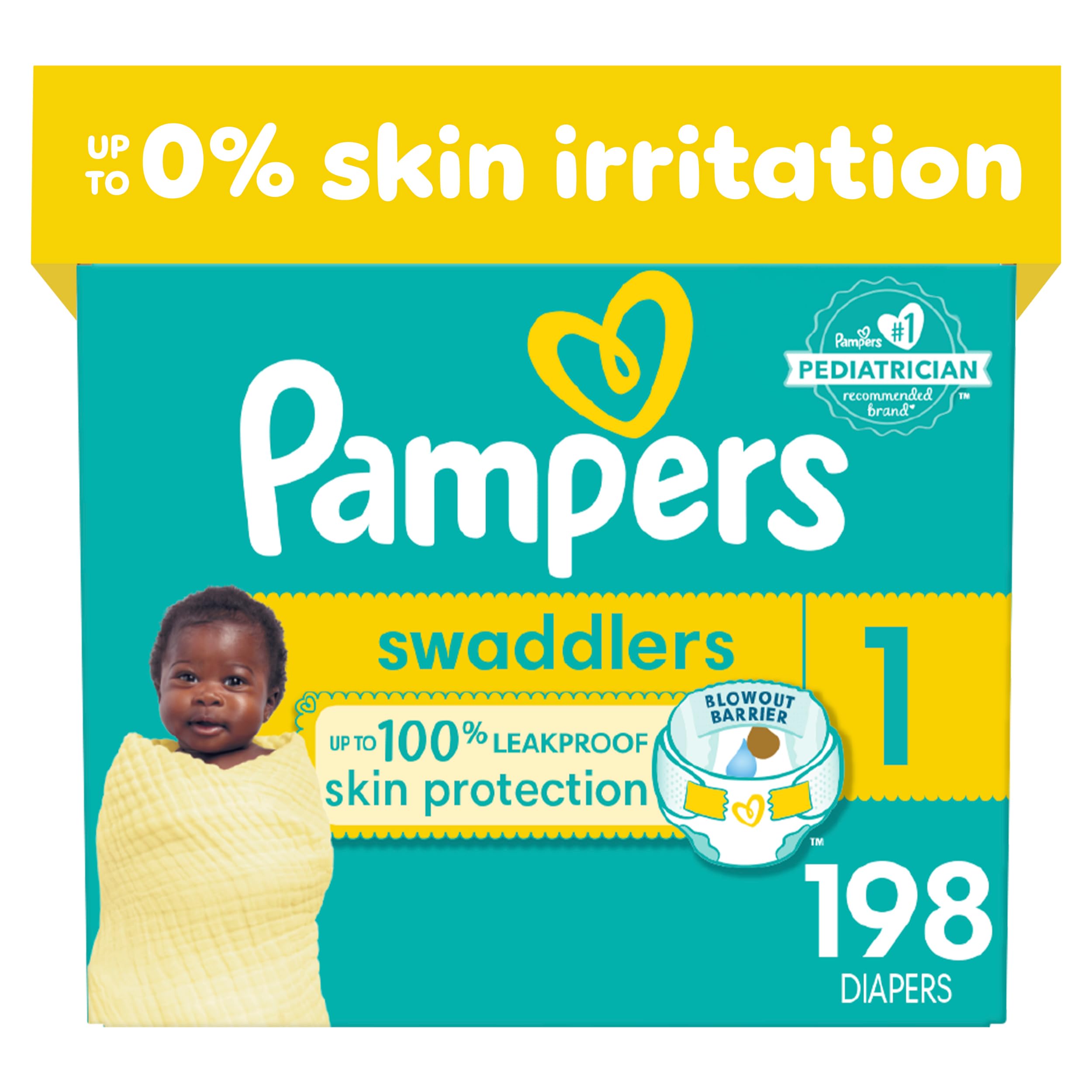 Pampers Swaddlers Diapers - Size 1, One Month Supply (198 Count), Ultra