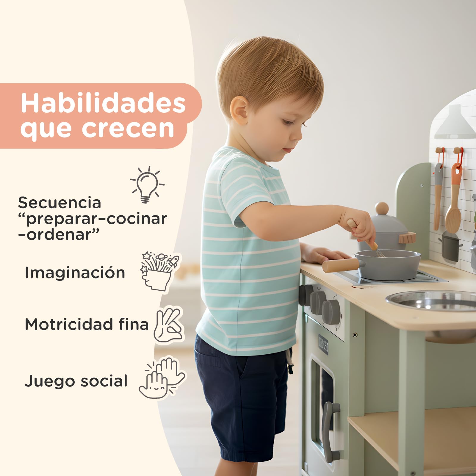 Nene Toys Cocina de Juguete de Madera – Cocinita con Fregadero, Horno y Fogones + 6 Accesorios – Juego de Imitación para Niños 3–5 Años – Mandos Giratorios, Bol Metálico, Resistente y Fácil de Montar