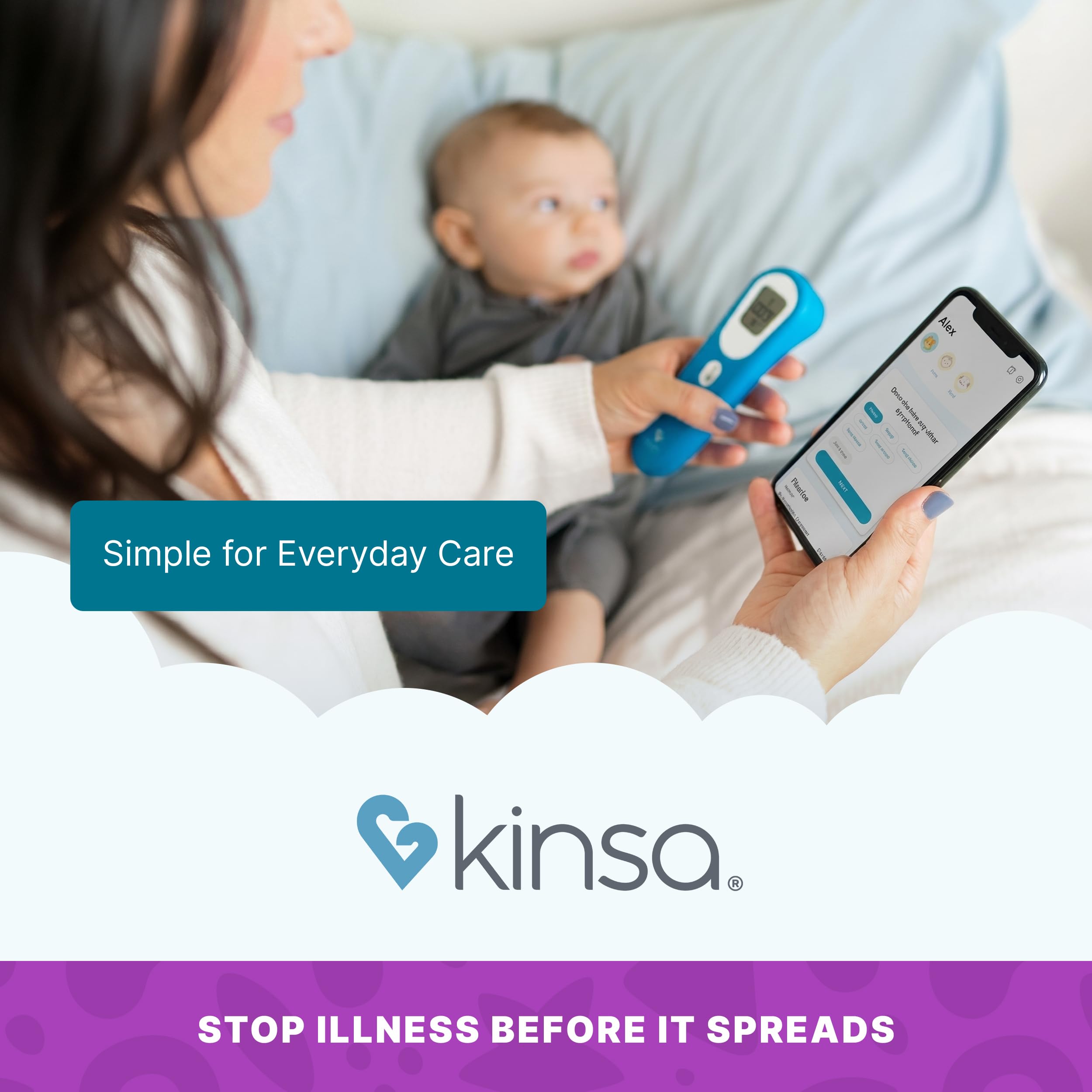 Kinsa QuickScan - Termometro intelligente senza contatto per fronte, con app, si abbina allo smartphone per monitorare la salute della famiglia e ottenere indicazioni sulle malattie, senza contatto