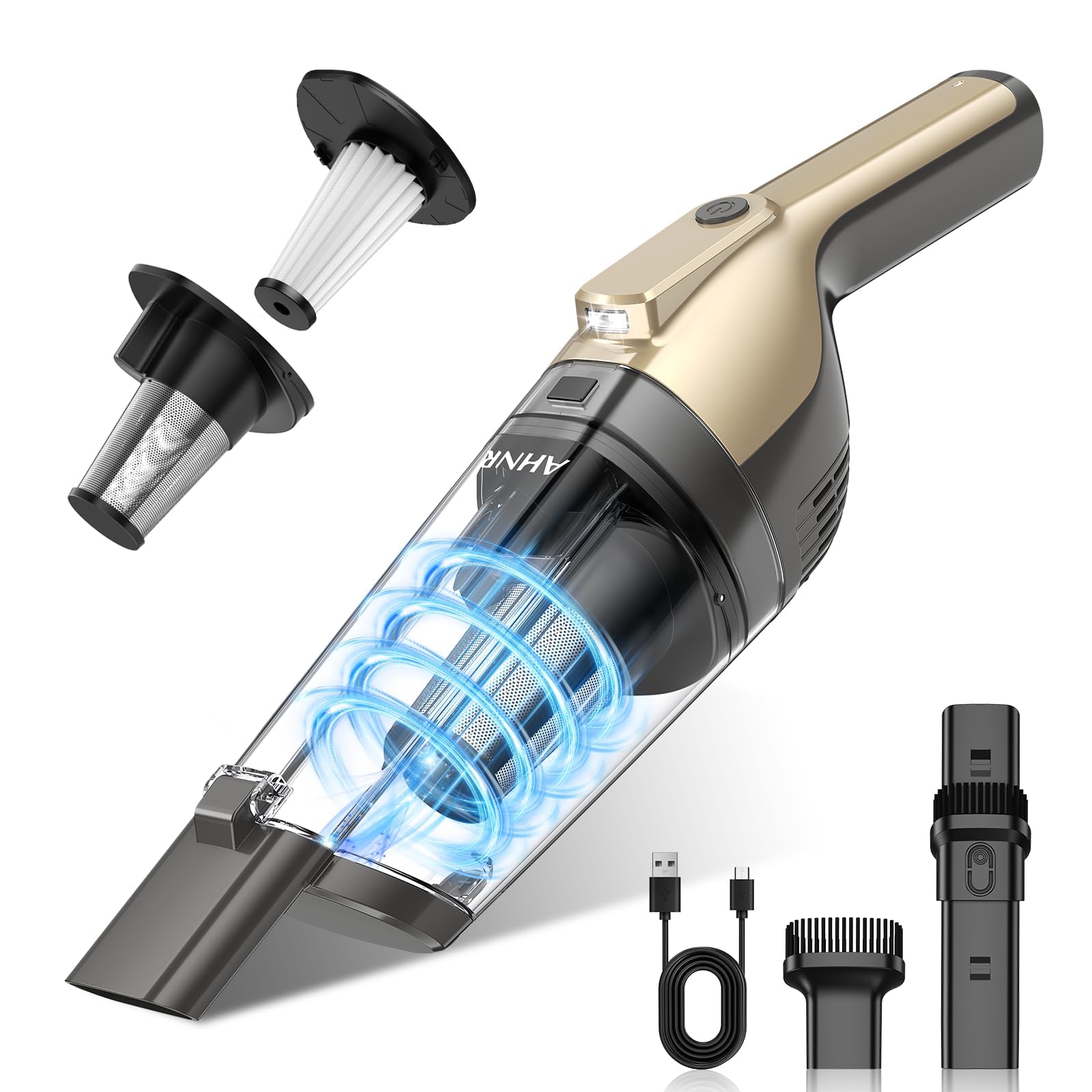 AHNR Handheld Vacuum Cordless Rechargeable, Hand Held Car Vacuum Cleaner | 16000PA Strong Suction Hand Vacuum with Multi-Nozzles, LED Light & 2 HEPA Filters, Car Vacuum Portable Cordless for Car Home