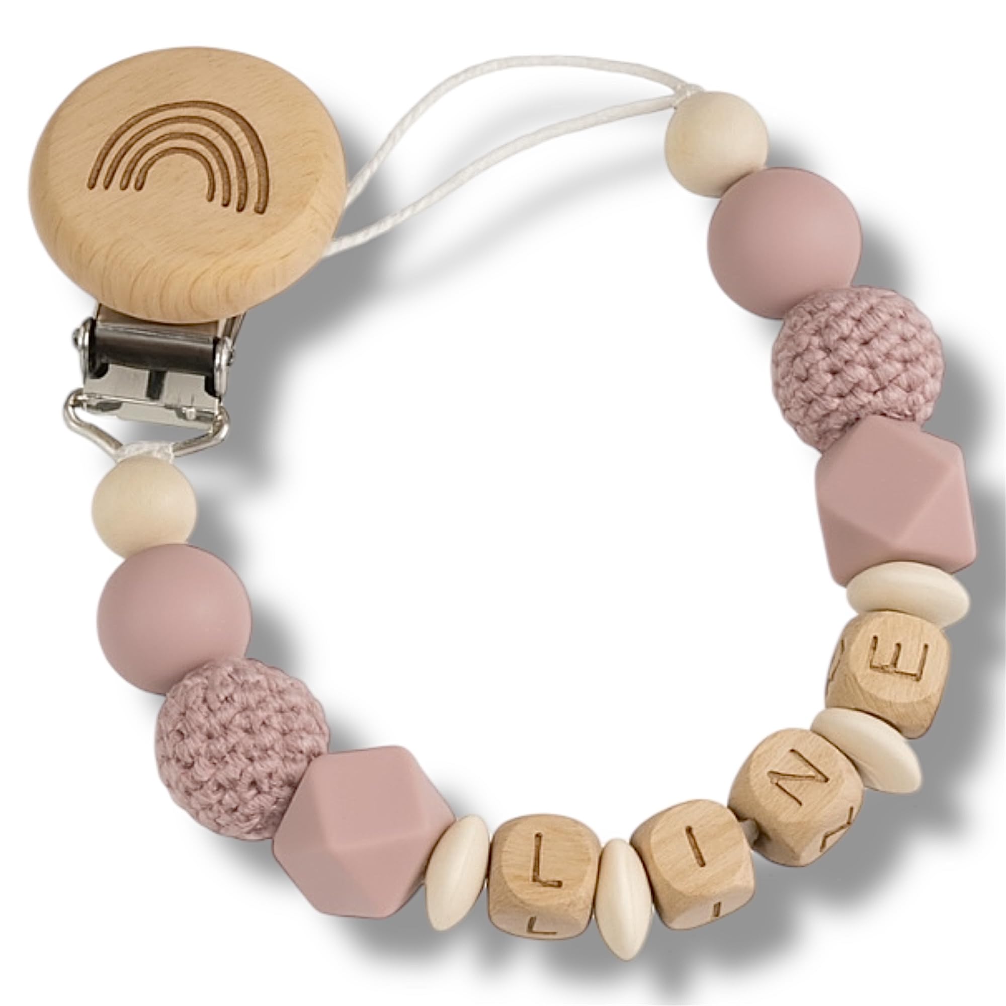 Personalisierte Schnullerkette mit Namen für Jungen & Mädchen, individuell gestaltbar, Holzbuchstaben & Silikonperlen, Babygeschenk zur Schwangerschaft und Geburt