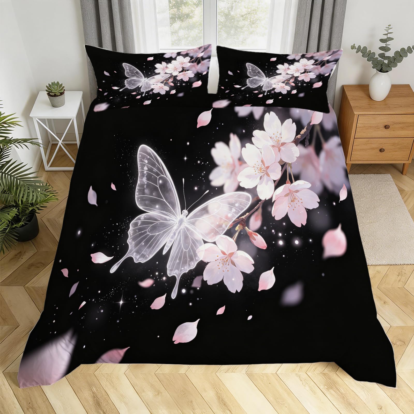 Housse de couette 160x200 cm fleurs de cerisier et 2 taies d'oreiller 3D