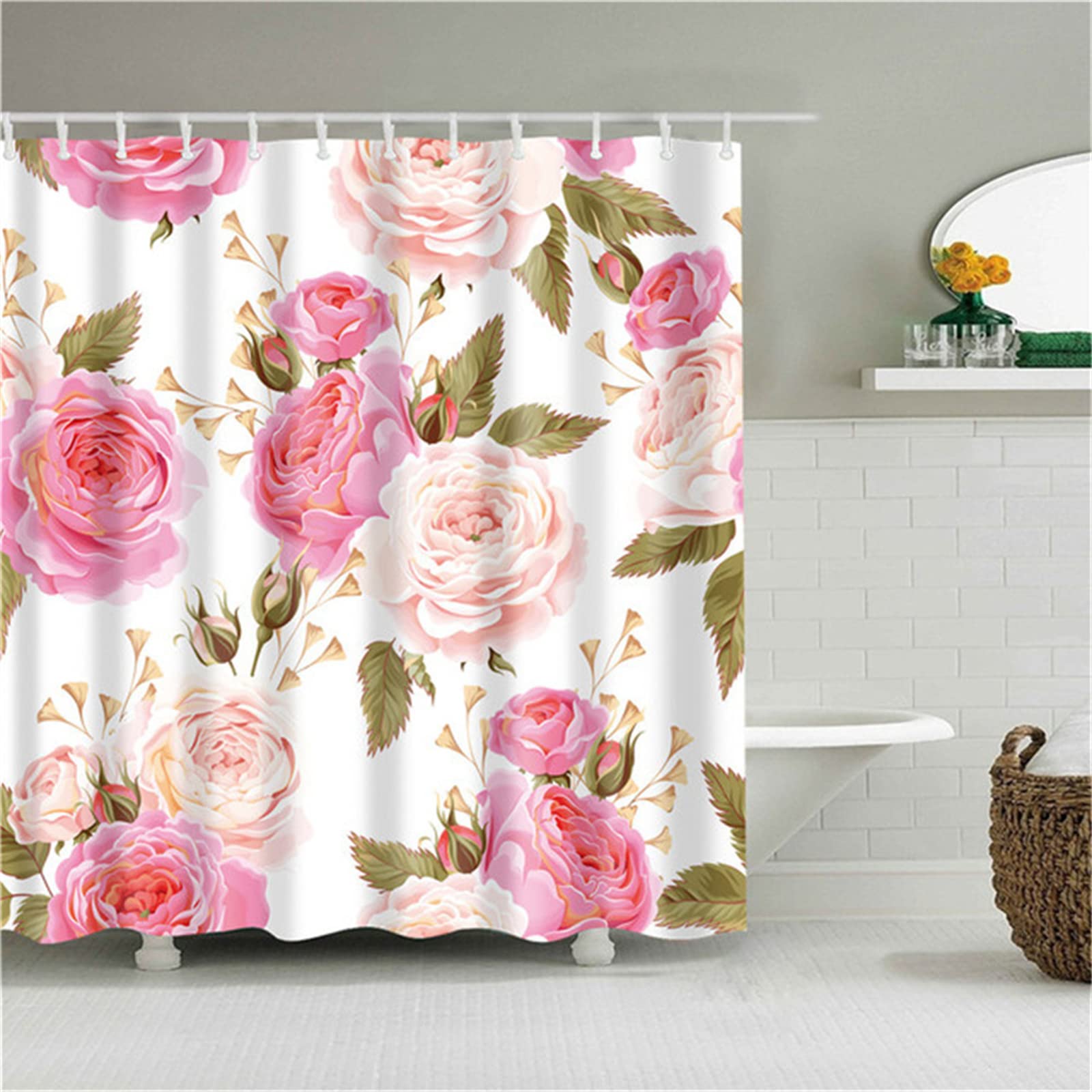 Shower Curtain, Bathroom Curtains With Hooks90x180cm, Waterproof Extra Long Heavy Duty Weighted Shower Curtains Anti-Bacterial Washable Polyester Fabric Curtains Mould Proof Resistant（Flowers）