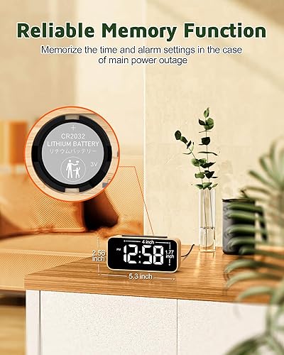 Miniatura 6 de Reloj despertador digital para dormitorios, reloj digital con pantalla de números llamativos, atenuador de brillo 0-100%, volumen de alarma