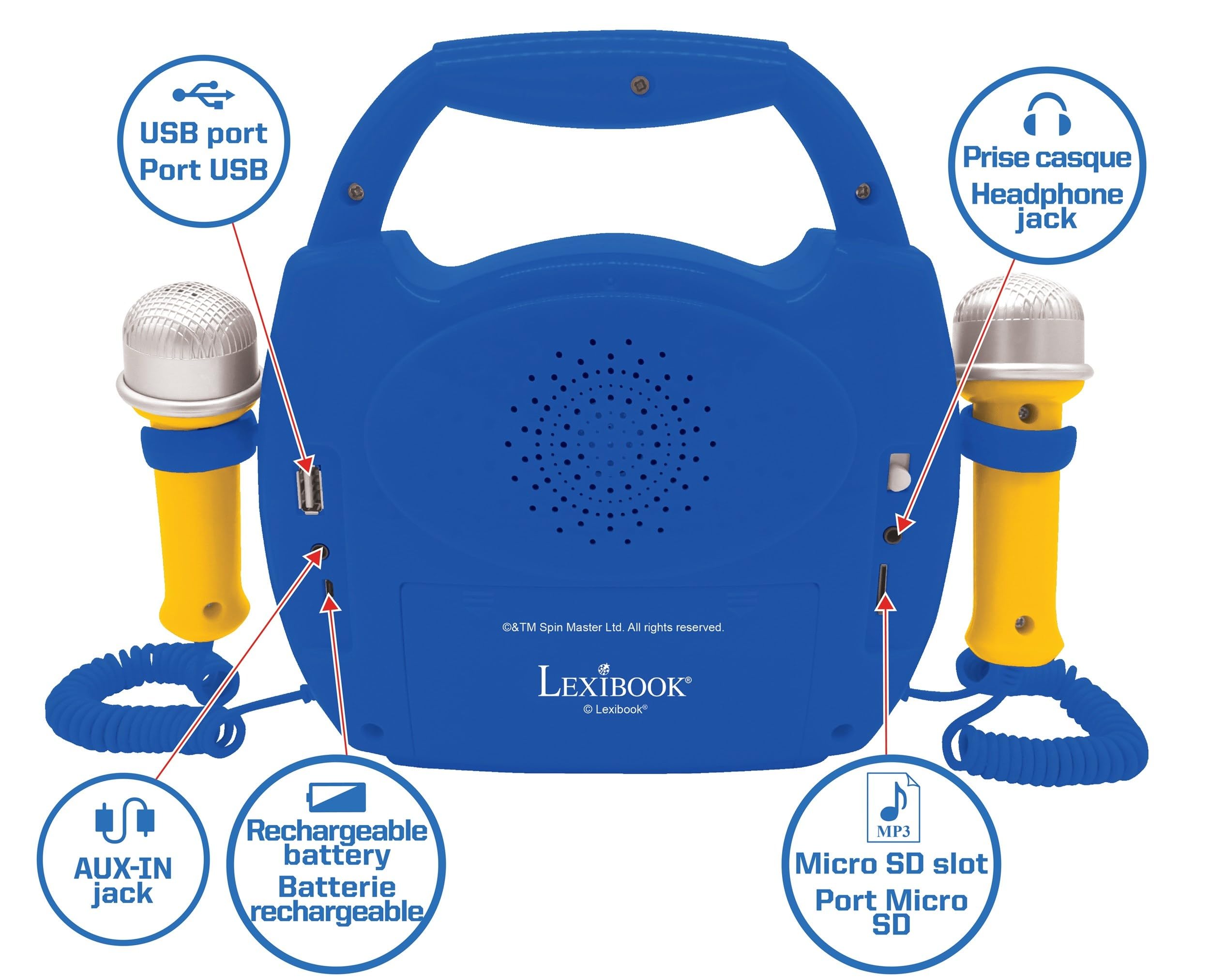 Lexibook – Paw Patrol - Lettore Musicale Karaoke Portatile per Bambini - Microfoni, Effetti di Luce, Bluetooth, Blu/Rosso, MP320PAZLXB