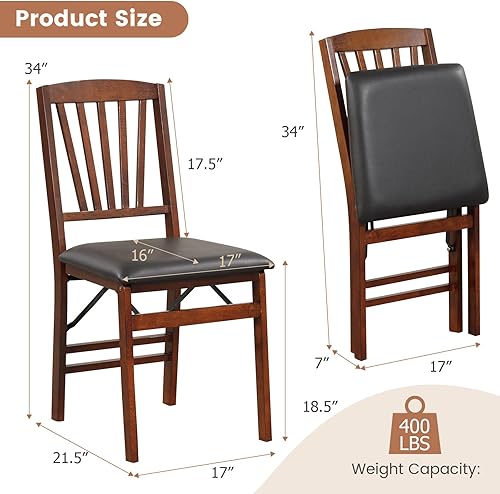 Miniatura 3 de COSTWAY Juego de 2 sillas de comedor plegables tapizadas de madera con asiento acolchado de PVC, marco de madera maciza y capacidad de 400 libras