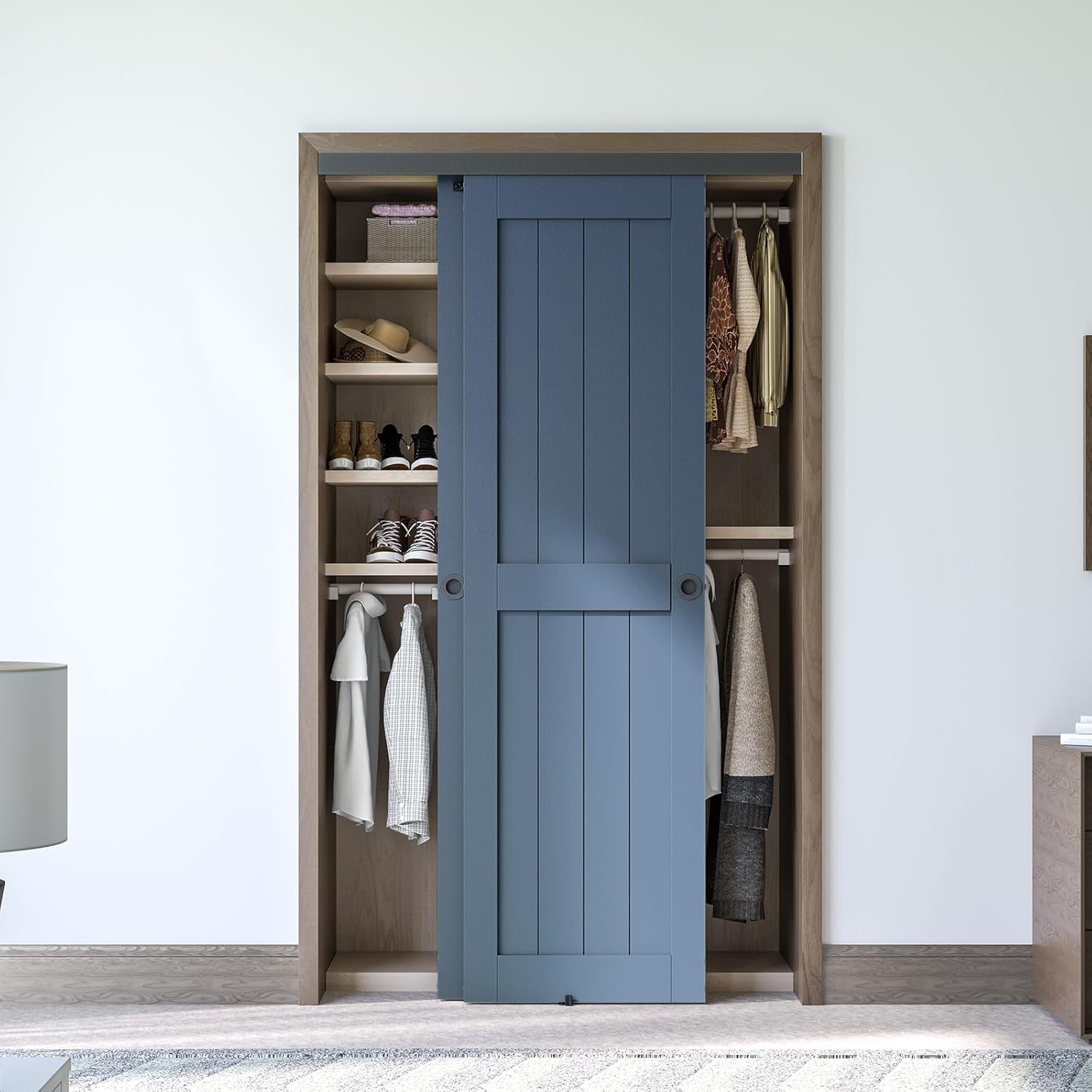 SMARTSTANDARD 48"/4FT Ceiling Mount Bypass Sliding Door Hardware Kit for Cabinet Closet, Double Pocket Doors Hardware with Finger Pull, Smoothly and Quietly, Fit 24.5" Wide Door Panel, No Door, Black