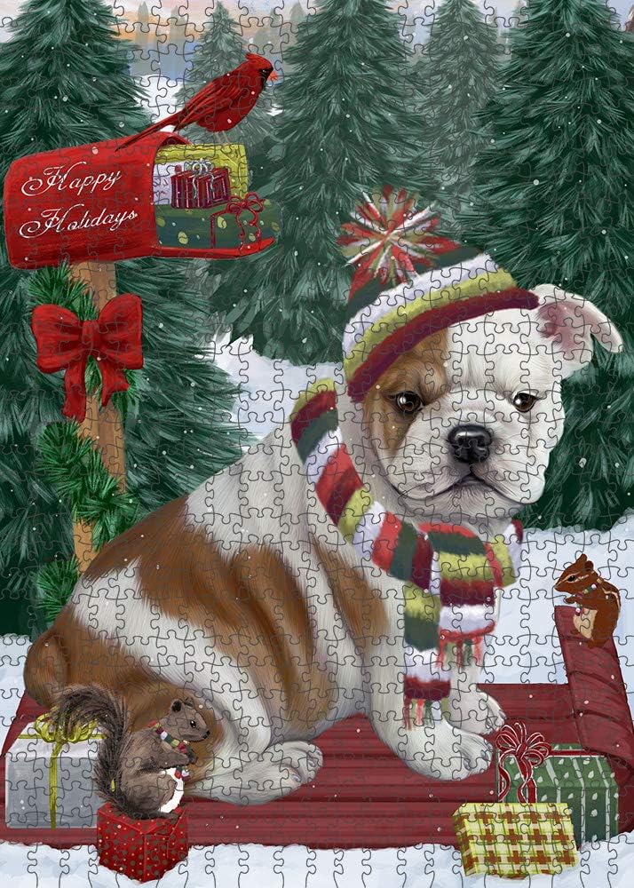 Merry Christmas Woodland Sled Bulldog Jigsaw Puzzle for Adults - Animal Printed Interlocking Puzzle Game Artwork - Gift for Dog Lover's -1000 Pcs 29.5"x19.7", PZLE60532
