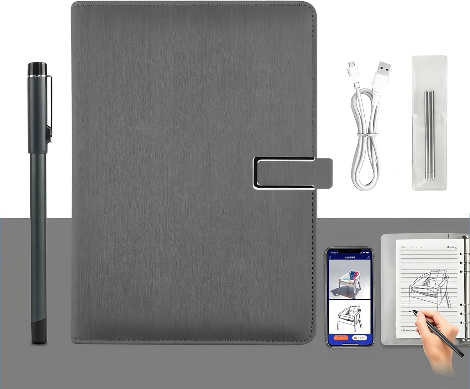 Smart Digital Notebook Drawing Pad with A5 Erasable Paper Refill + 5 Spare Refills, Digital Sketchbook, Smart Sync Pen & Notebook, Drawing, Writing, Note-Taking,Gray a
