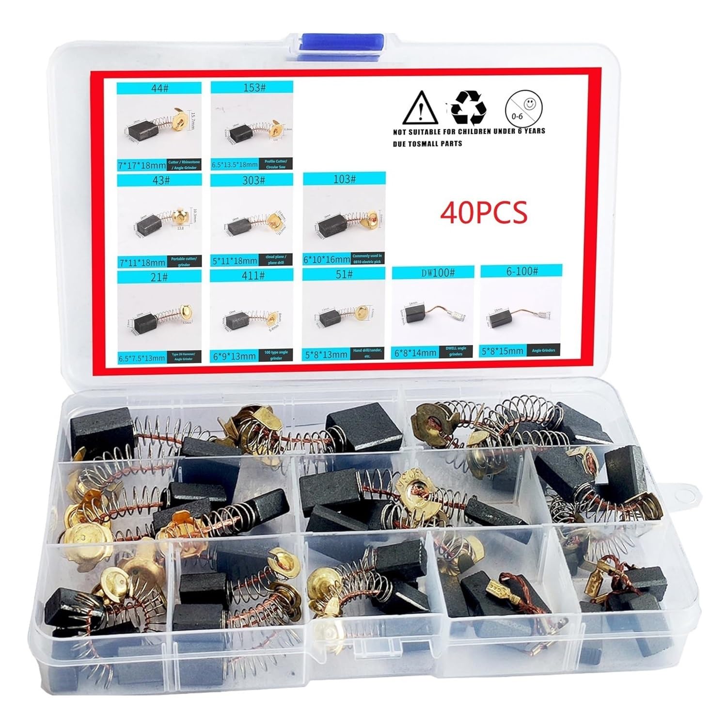 40Pcs Universal Motor Carbon Brushes Set, 10 Models Optional High Purity Graphite Brushes for Angle Grinder/Drill/Polisher Motor Repair & Replacement
