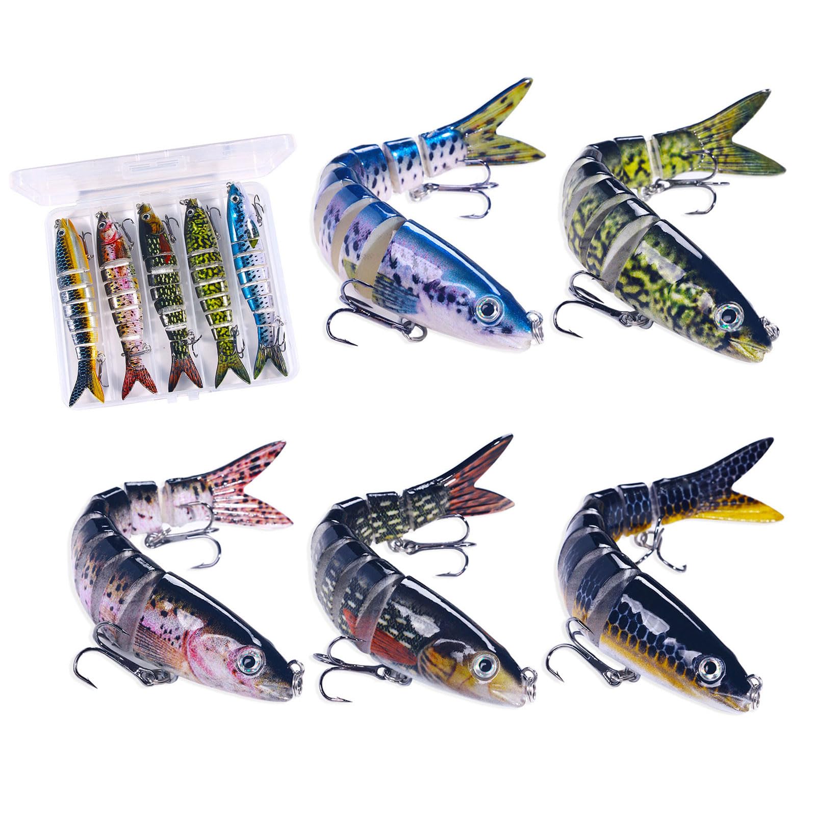 Fishing Lures Pike and Perch 5PCS Fishing Lures for Bass Trout Pikes Fish Lure Lifelike Pike Swimbait for Freshwater and Saltwater Multi Jointed Segmented Trout Bait with Hooks Slow Sinking (B)