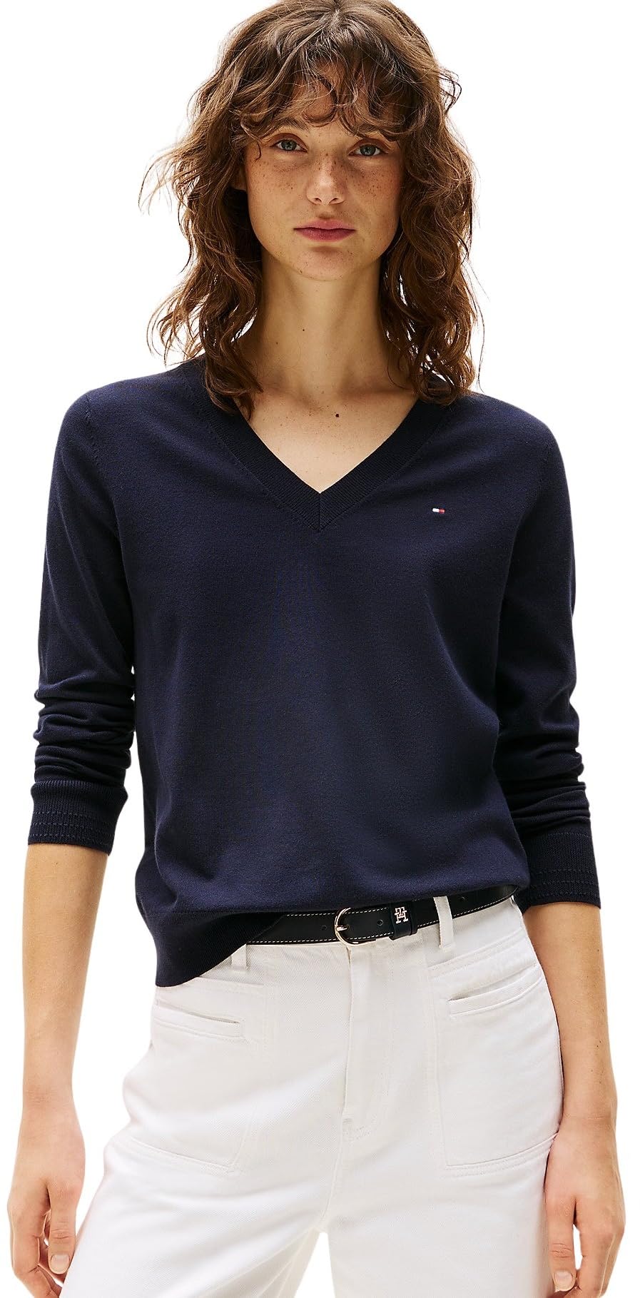 Tommy Hilfiger Women’s Cotton Jersey Stitch V-Neck Jumper, Blue (Desert Sky), 3XL