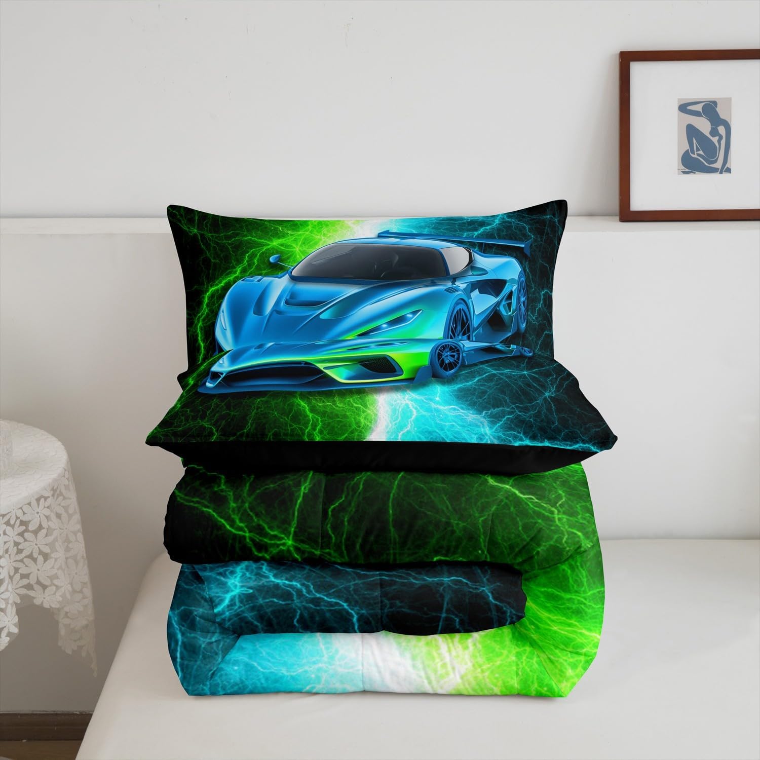 Erosebridal Sports Car Queen Comforter Set for Boys,Green Teal Race Car Bedding Set for Kids Adults,Racing Cars Quilt Bed Set Lightning Racecar Bed Comforter Sets with 2 Pillowcases Room Decor