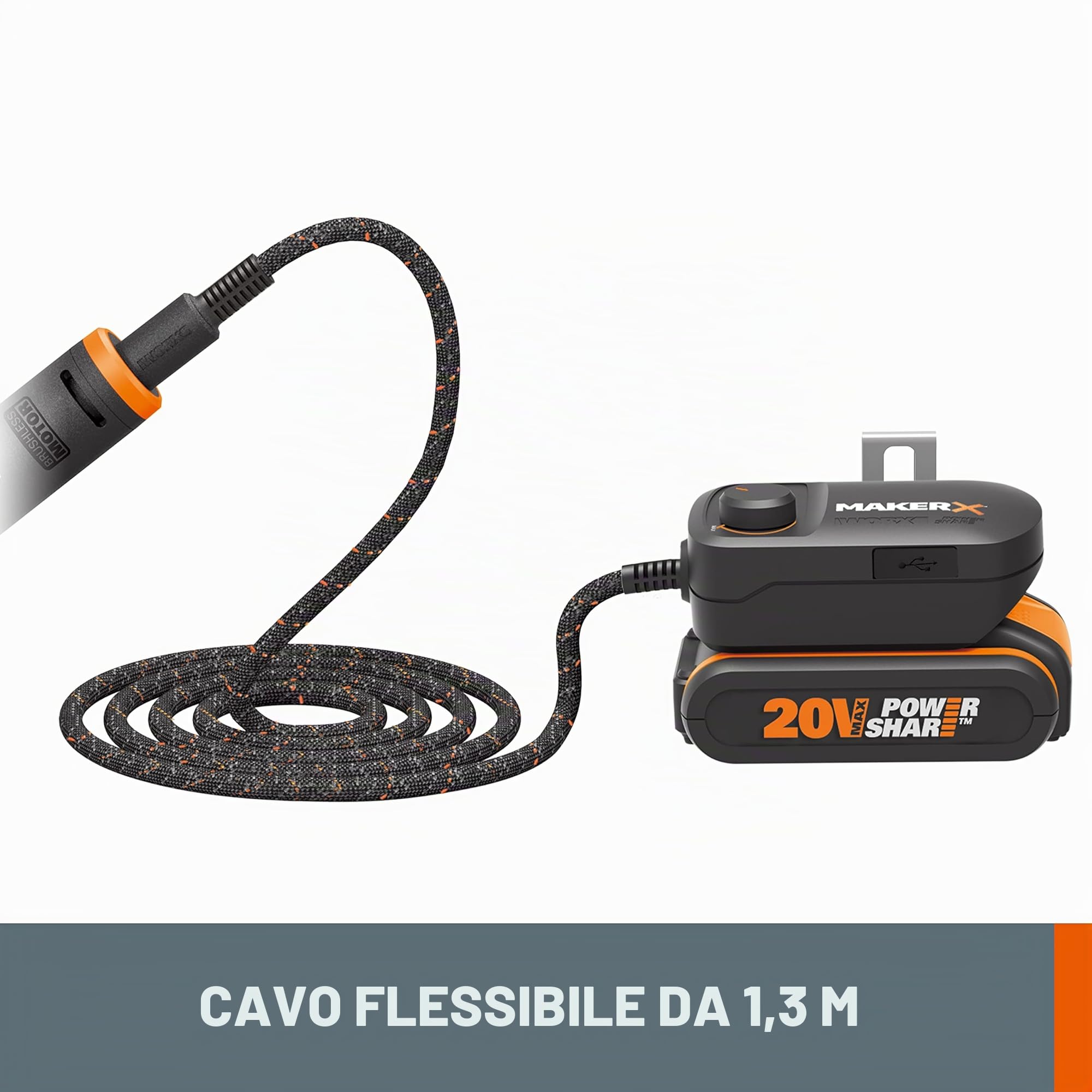 WORX 18V(20V MAX) Adattatore MakerX HubX WA7161, PowerShare, Controllo Velocità Variabile, Porta USB, Gancio per Cintura, Alimenta Tutti gli Utensili MakerX