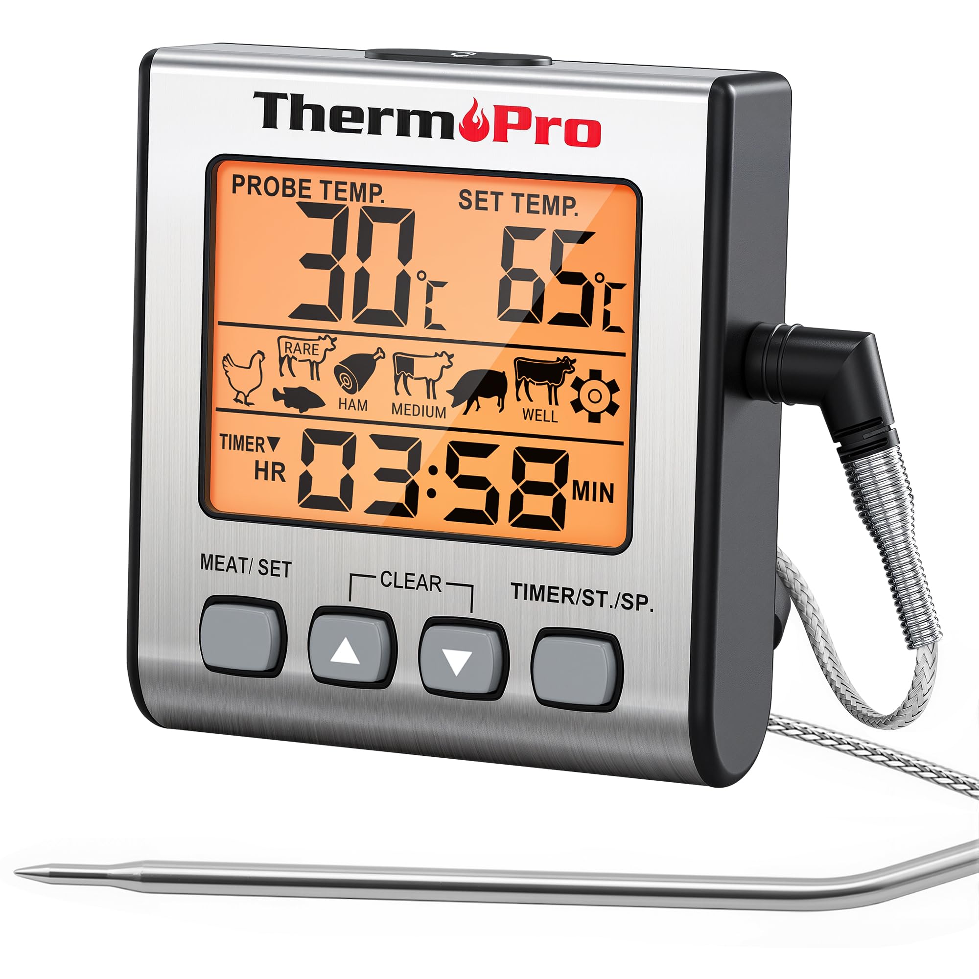 ThermoPro TP16S Termometro digitale per carne, ottimo per grigliare e barbecue, con modalità timer intelligente e retroilluminazione