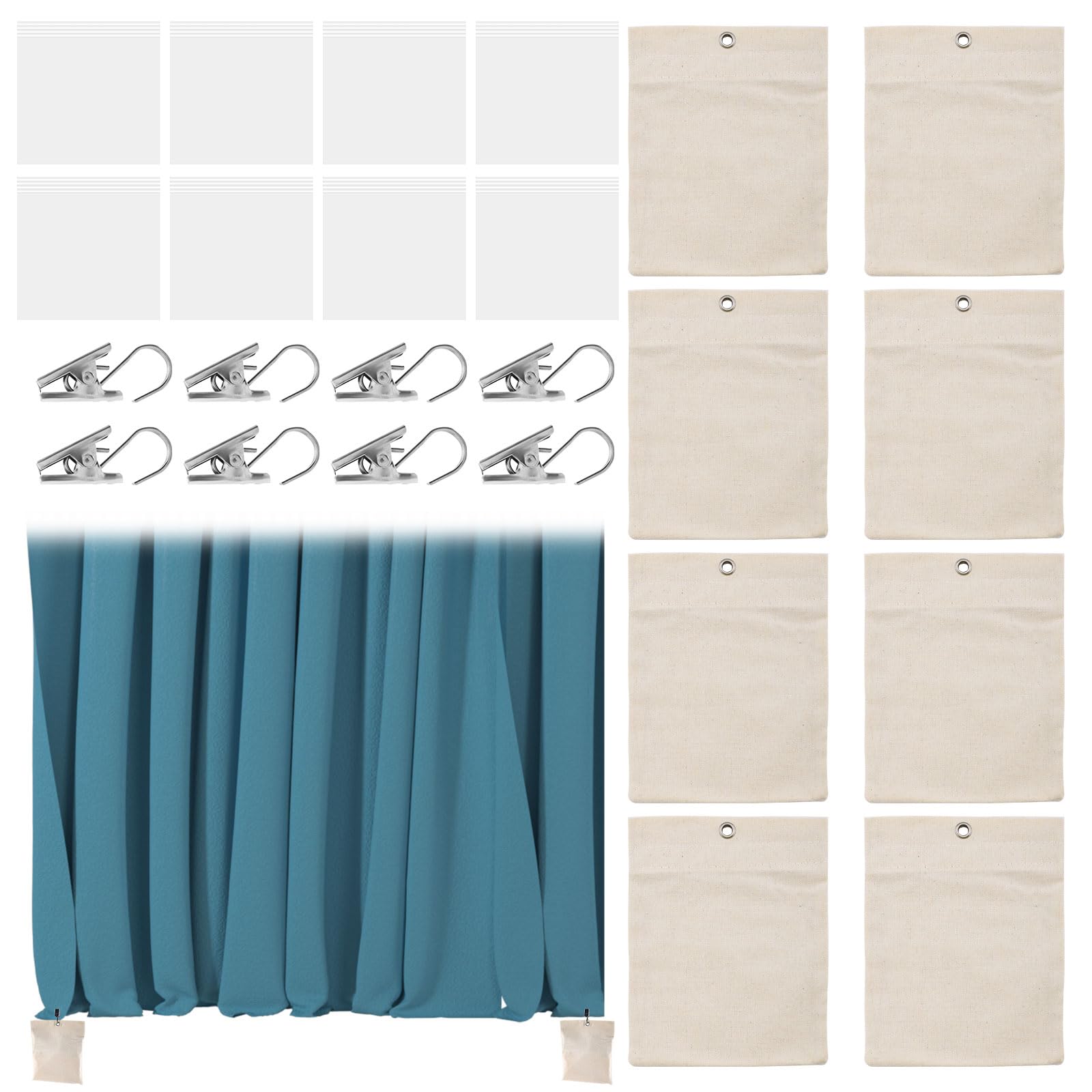Kit 8 Sacs à Poids Pour Rideaux Extérieurs - Avec Pinces Métalliques Et Sacs PVC, Pour Stabiliser Nappes, Voilages - 12