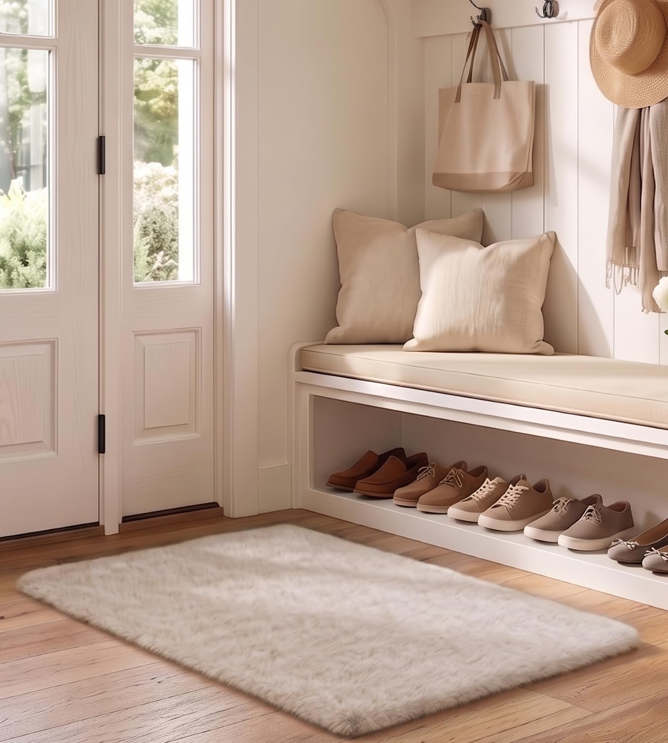 ROHATIM Teppich 60x90 cm Beige Bettvorleger Waschbar rutschfest Kunstfell | maschinenwaschbar, Kaninchenfell-Optik, ultraweicher Flor, rutschfeste Rückseite, OEKO-TEX, für Schlafzimmer und Wohnzimmer