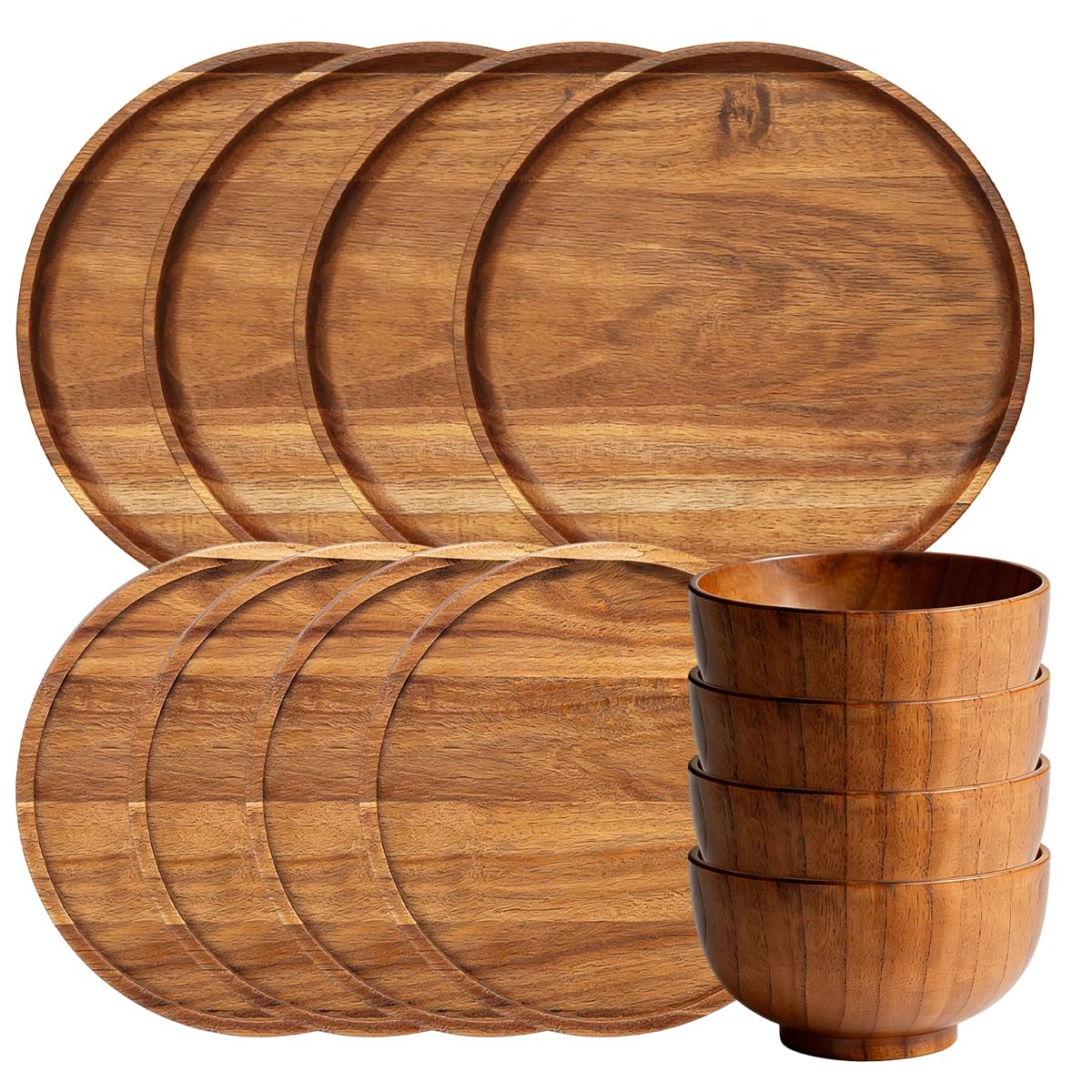 Holzgeschirr-Set, Holzteller und Holzschale, 12-teilig