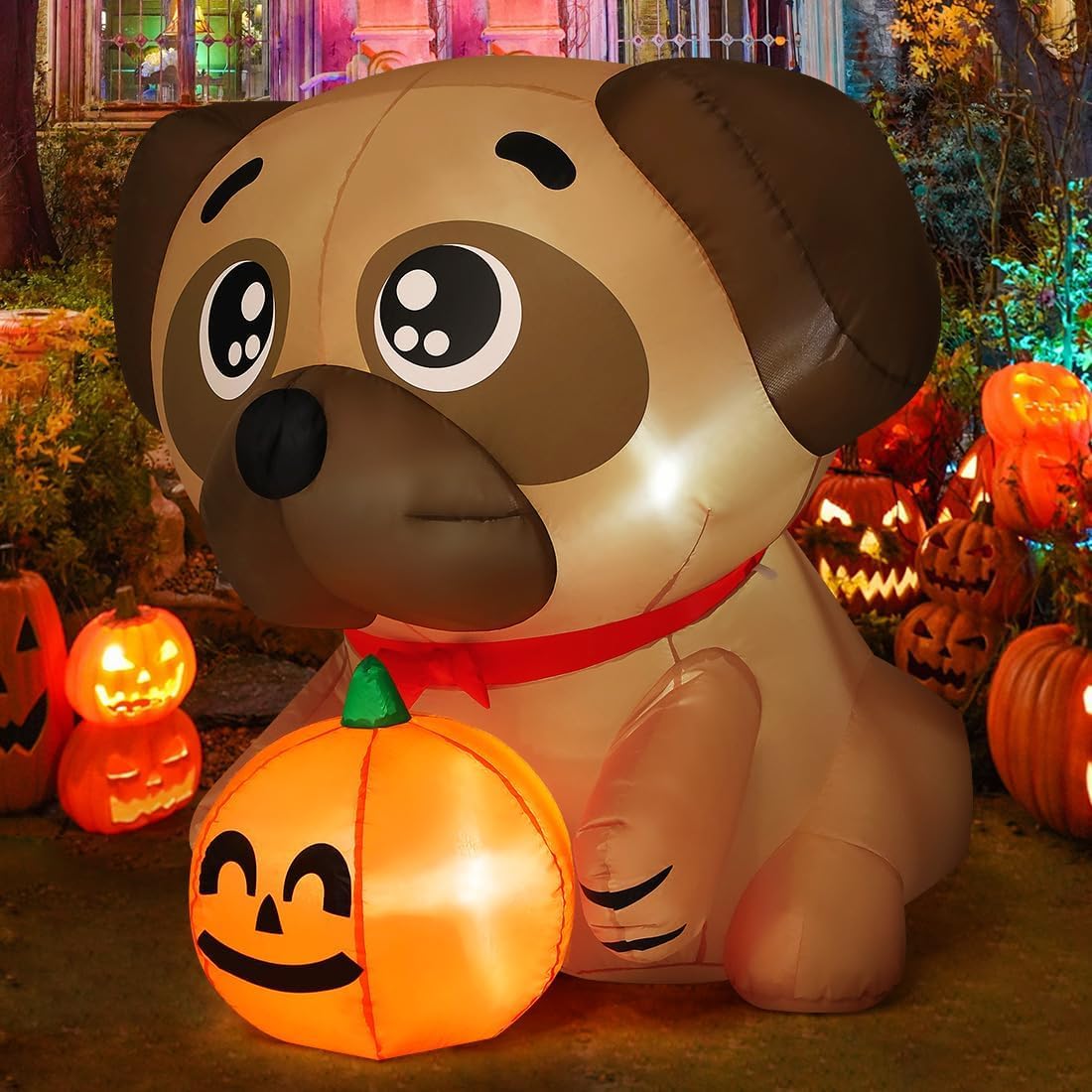 COMIN 5 FT Long Halloween Inflatables Dog Outdoor Yard Decorations Blow Up Pug Holding Pumpkin with Built-in LEDs for Indoor Party Garden Lawn Decor
