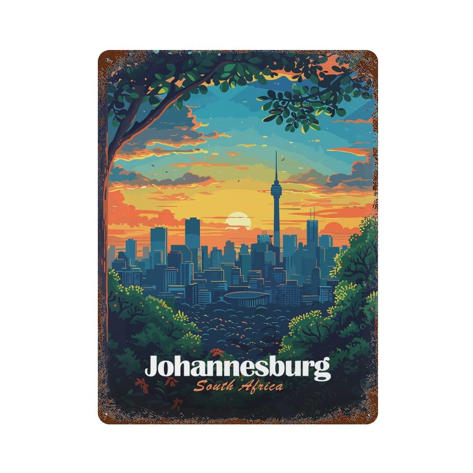 Johannesburg South Africa Cityscape Illustration Weathered Tin Sign 15.7"x11.8", Vintage Wall Decor for Garage, Pub Or Kitchen