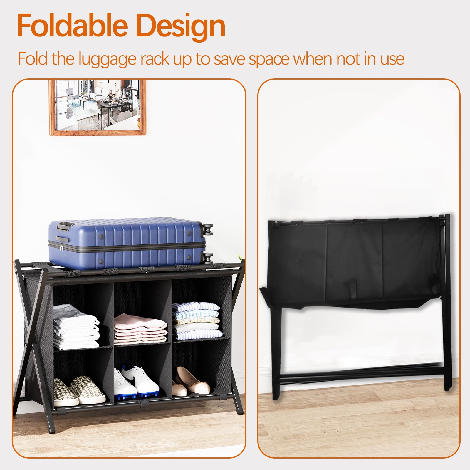 Portapacchi con contenitore, supporto pieghevole in metallo per valigie con 6 ripiani cubici in tessuto, portabagagli portatile, a 2 livelli, per camera da letto, casa, hotel, nero