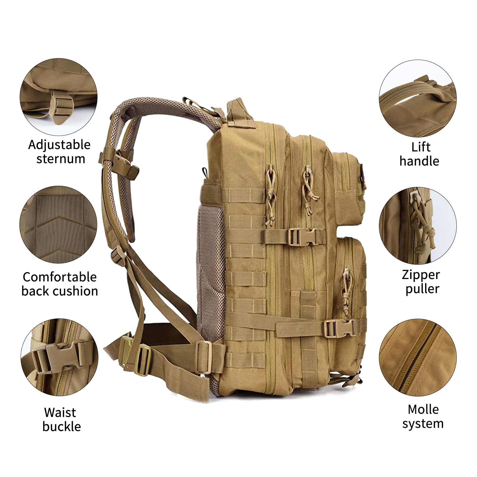 Oreunik Zaino Militare Tattico 45L, Impermeabile Zaino Grande Zaino Viaggio Molle Zaino di Assalto Zaino Scuola Uomo Donna per All'aperto Trekking, Pesca, Palestra,Campeggio, Montagna