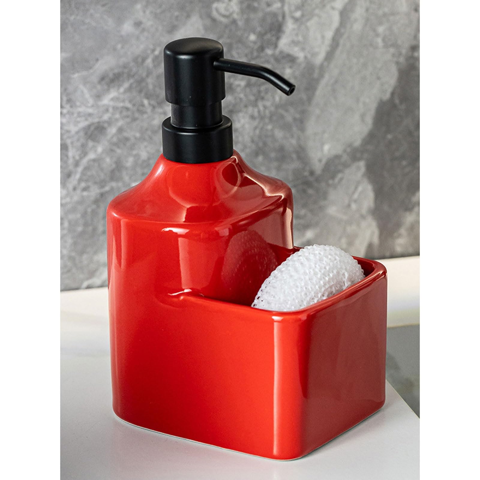 Ręczny dozownik mydła z, Dozownik do mydła 2 w 1 z uchwytem na gąbkę, wielokolorowy, sztuki, ceramiczny(Red)
