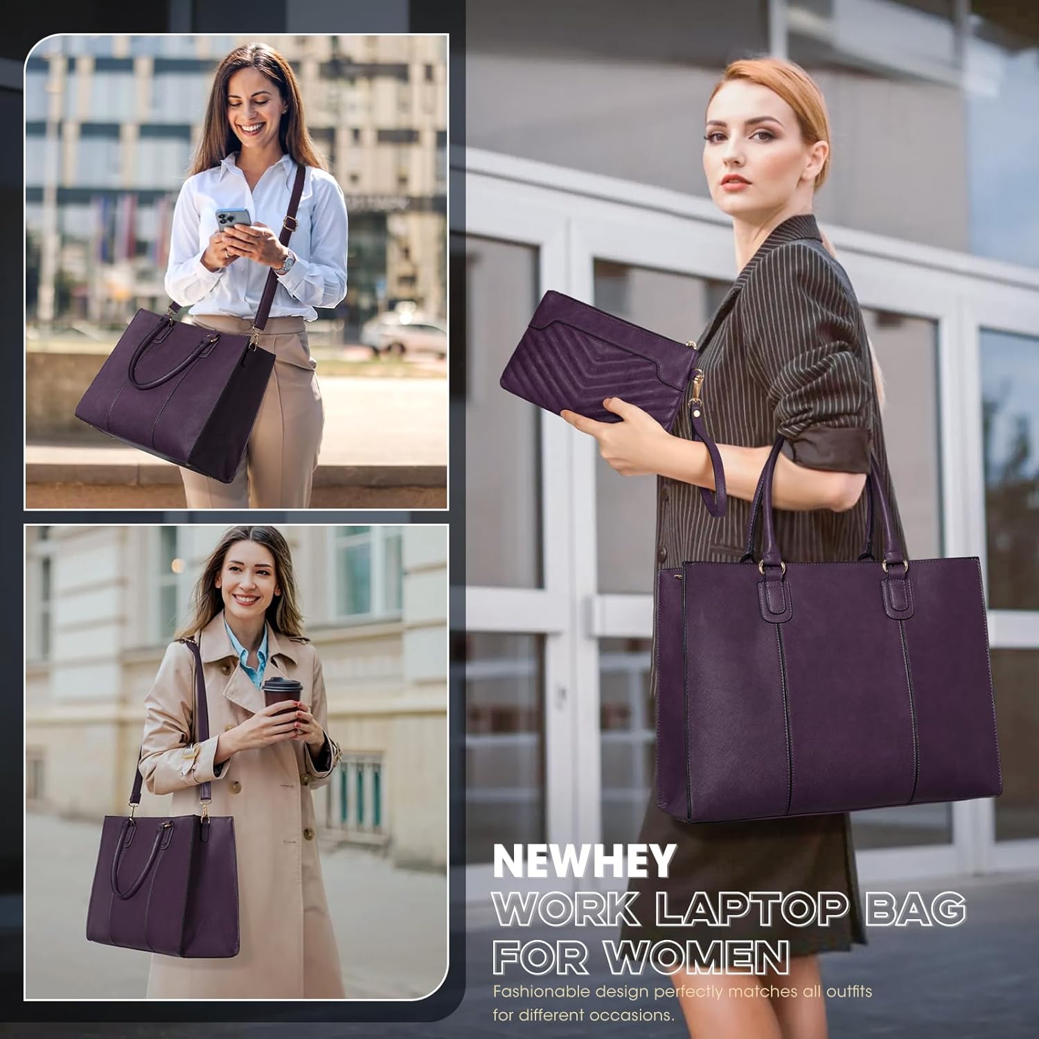 NEWHEY Laptop Bag for Women 15.6 Inch Work Tote Bags Leather Computer Bag with Clutch Purse Professional Office Briefcase Waterproof Handbag for Business Travel College, Deep Purple - Image 2