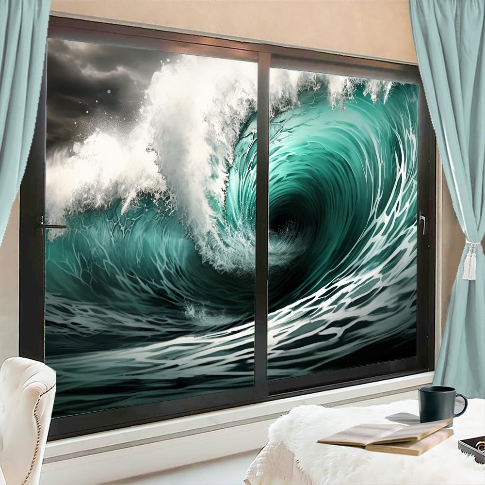 Ocean Waves Window Film Room Decor Tropical Seascape Landscape Stained Glass Window Film Sun Blocking Heat Control No Glue Window Covering for Home Office 90 x 160 cm x2 Pcs
