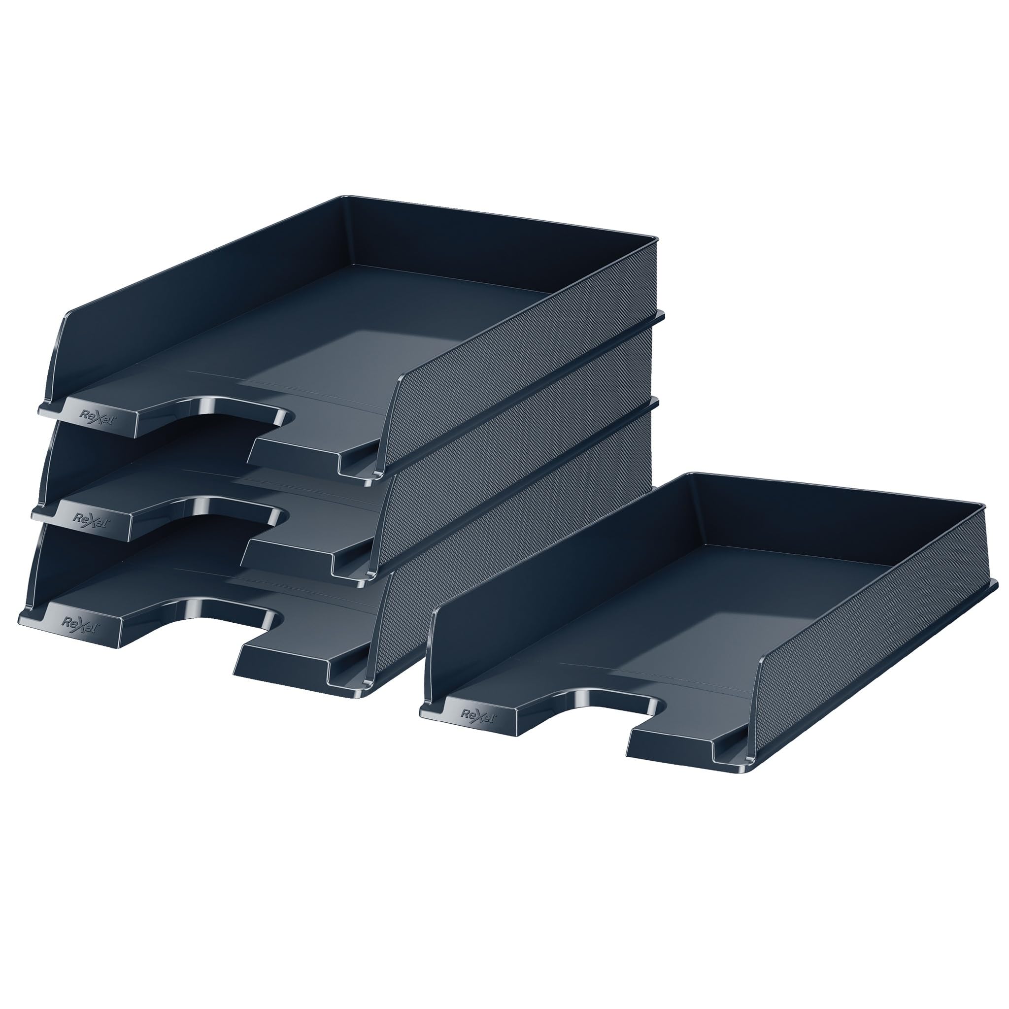 Rexel Choices A4 Letter Tray, Stackable & Stepped Document Organiser with Textured Sides, Label Area, Sturdy Plastic, Black, Pack of 4, 2115735