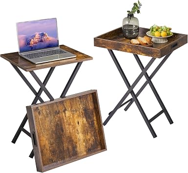 IBUYKE Folding TV Tray Tables 2 Set, Foldable Side Table with Removable Food Serving Tray, Portable Wooden Coffee Snack Table for Livingroom, Bedroom, Office, Camping, Rustic Brown, TVT001H