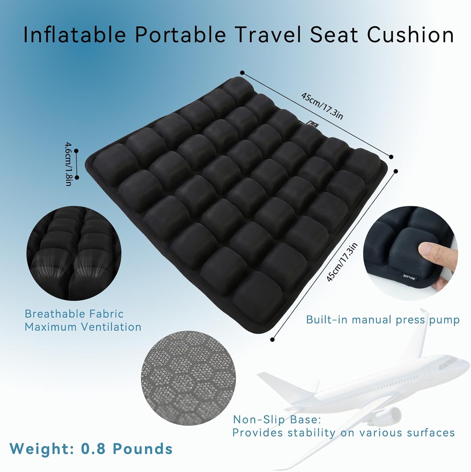 Upgraded Inflatable Travel Seat Cushion for Airplane and Car, Portable Air Cushion for Long Flights, Office Chair and Wheelchair, Pressure Relief Seat Pad for Sitting Comfort