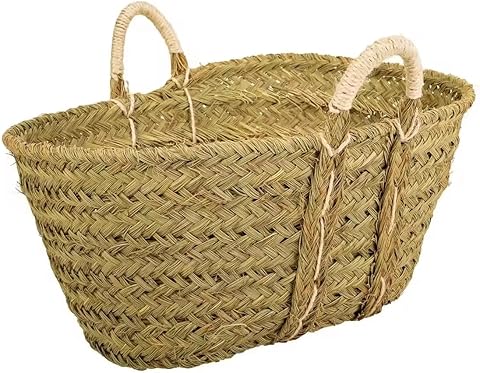 Cesto de Esparto Natural, Ovalado con Asas de Pita, Leñero Decorativo para Chimenea (50 * 45 * 32)
