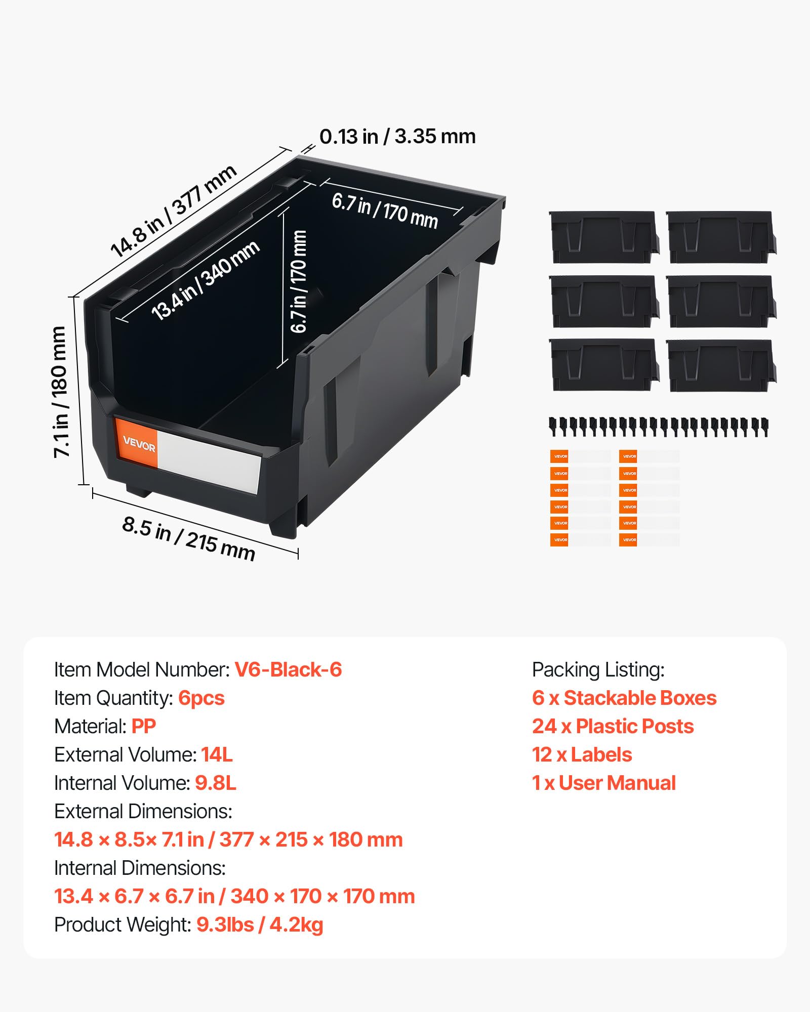 VEVOR Bac à Bec Empilable Lot de 6 Bacs de Rangement Plastique, 37,7 x 21,5 x 18 cm, Boites Rangement Empilables pour Atelier, Garage, Petites Pièces, Fournitures de Bureau et Autres Accessoires, Noir