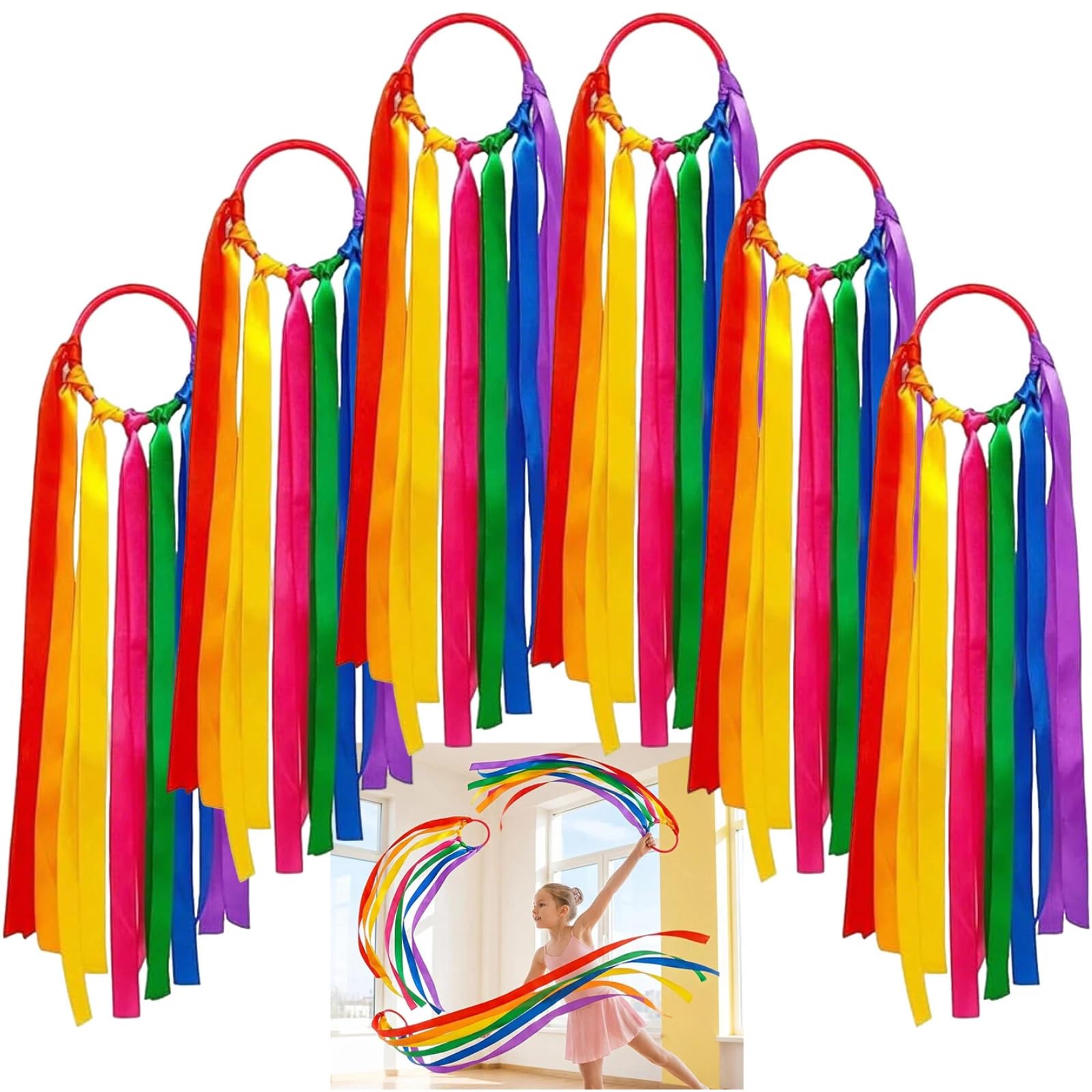 SINJAETRQ 6 Pack Rainbow Ribbon Wands, 45cm Dance Ribbons Streamers with 10cm Rings, Colorful Rhythmic Gymnastics Equipment for Talent Shows, Physical Training & Activities