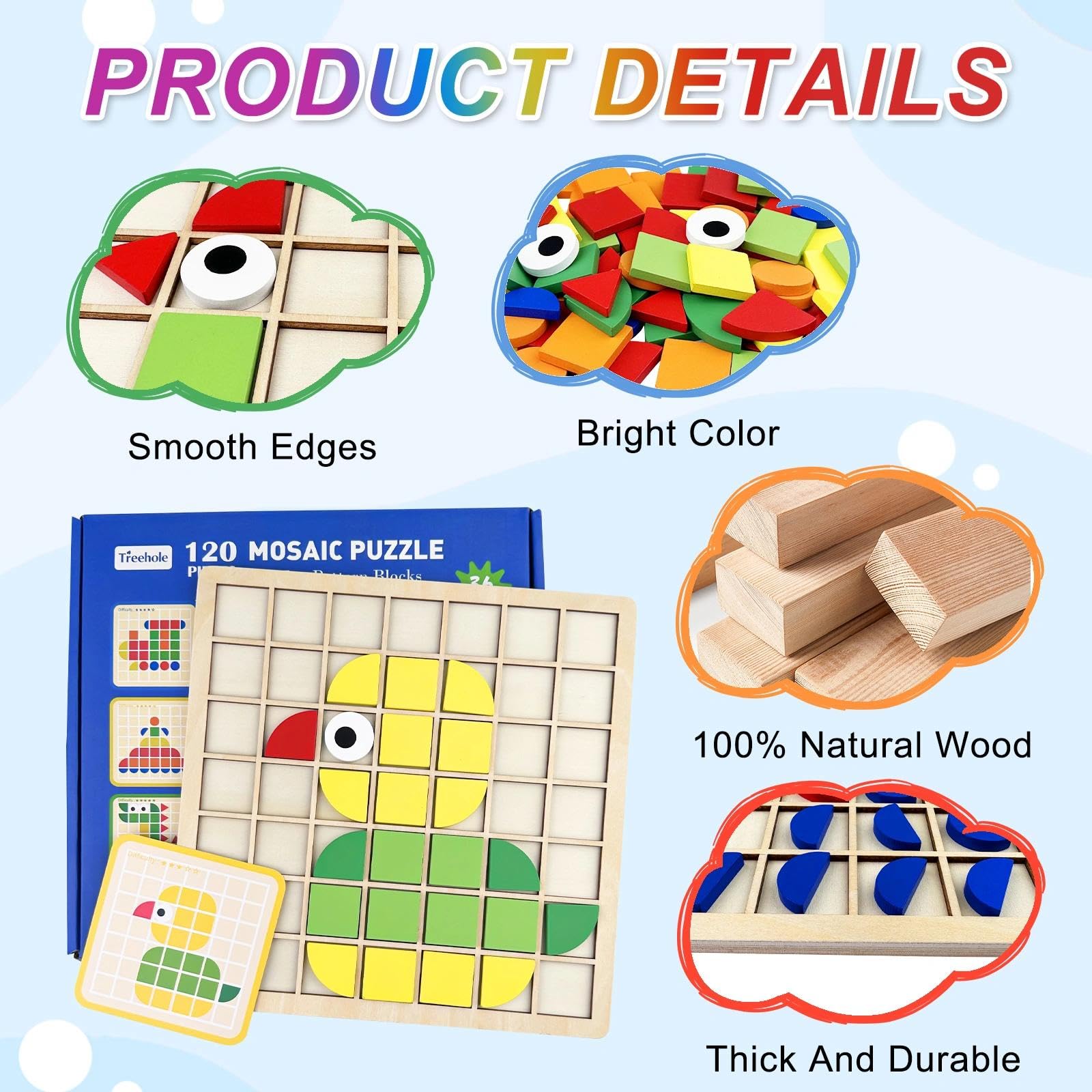 120 Piezas Puzzle de Mosaico Madera con 20 Tarjetas, Rompecabezas con Forma Geométrica, Juguete Puzzles de Tangram, Bloques de Patrones de Madera, Juguetes Montessori Niños 3 4 5 6 Años