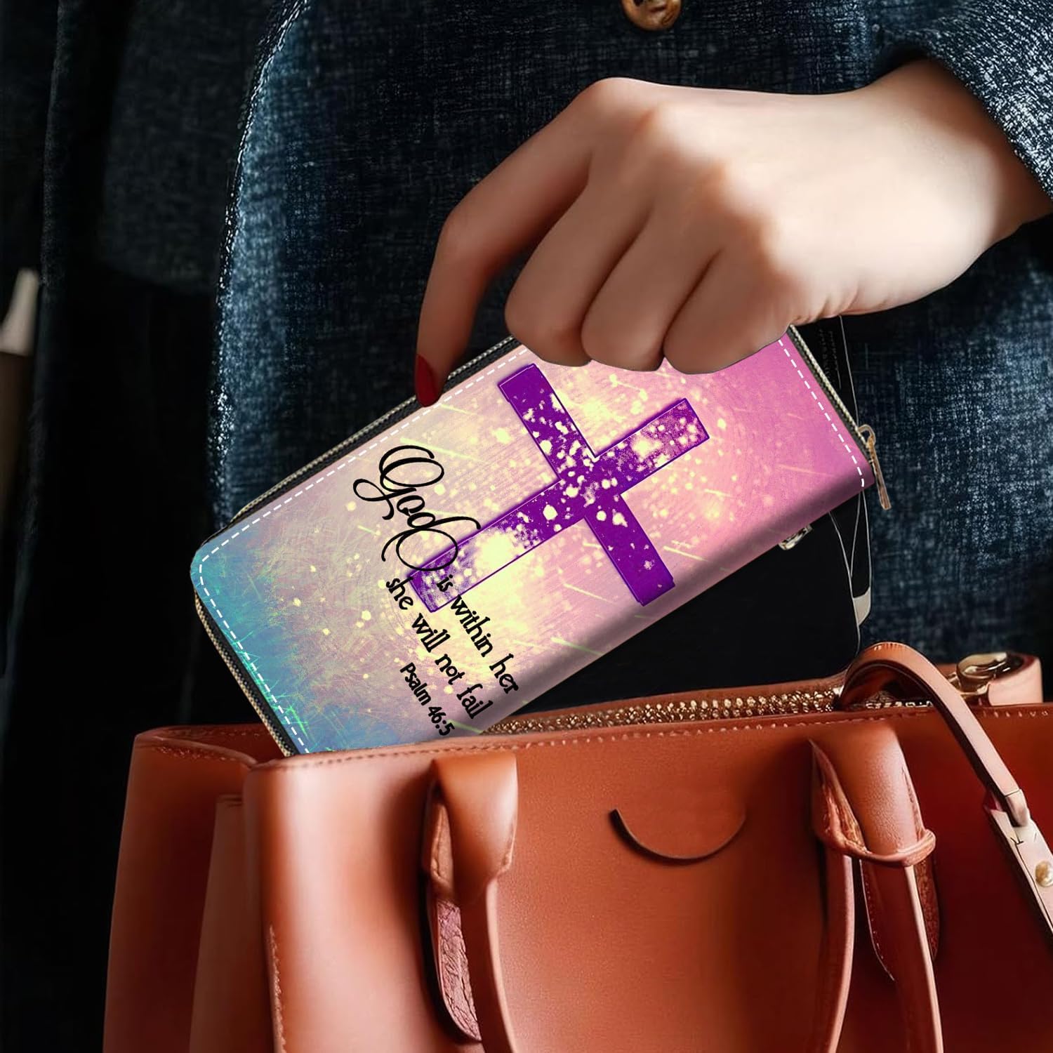 Women's Large Capacity Wallet,Portable PU Leather Zipper Wallet for Smart Phone/Card/Coin/Cash,Multifunctional Clutch Wallet with Removable Wristlet Strap,Christian Cross Quote Bible Verse Psalm 46:5 - Image 7
