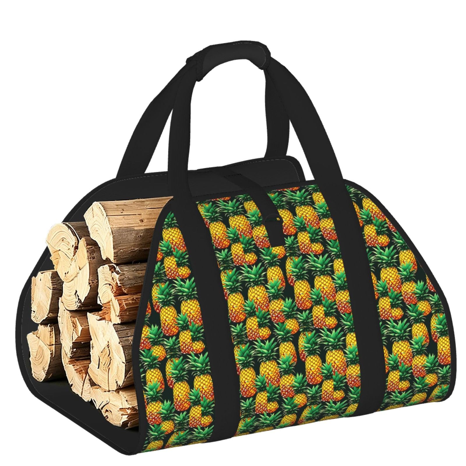Ayyqwe Black Tropical Fruit Pineapples Print Firewood Bag Wood Waterproof Versatile Camping Picnic Storage Daily Home