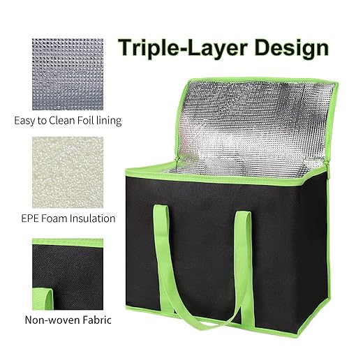 Miniatura 5 de Bodaon Paquete de 3 bolsas aisladas para entrega de pizza, bolsas de compras reutilizables XL, color negro con borde verde