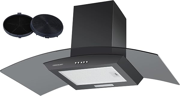 Cookology CGL900BK/A Cooker Hood Chimney Kitchen Extractor Fan 90cm with Carbon Filters, Recirculating Wall Mounted, Curved Glass, Energy Rating A, 3 Speed Settings, LED, Adjustable Height - Black - 1