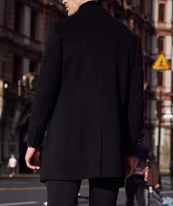SOMTHRON Men's Classic Single Breasted Pea Coat Winter Notched Lapel Jacket Slim Fit Business Short Trench Coat Overcoat