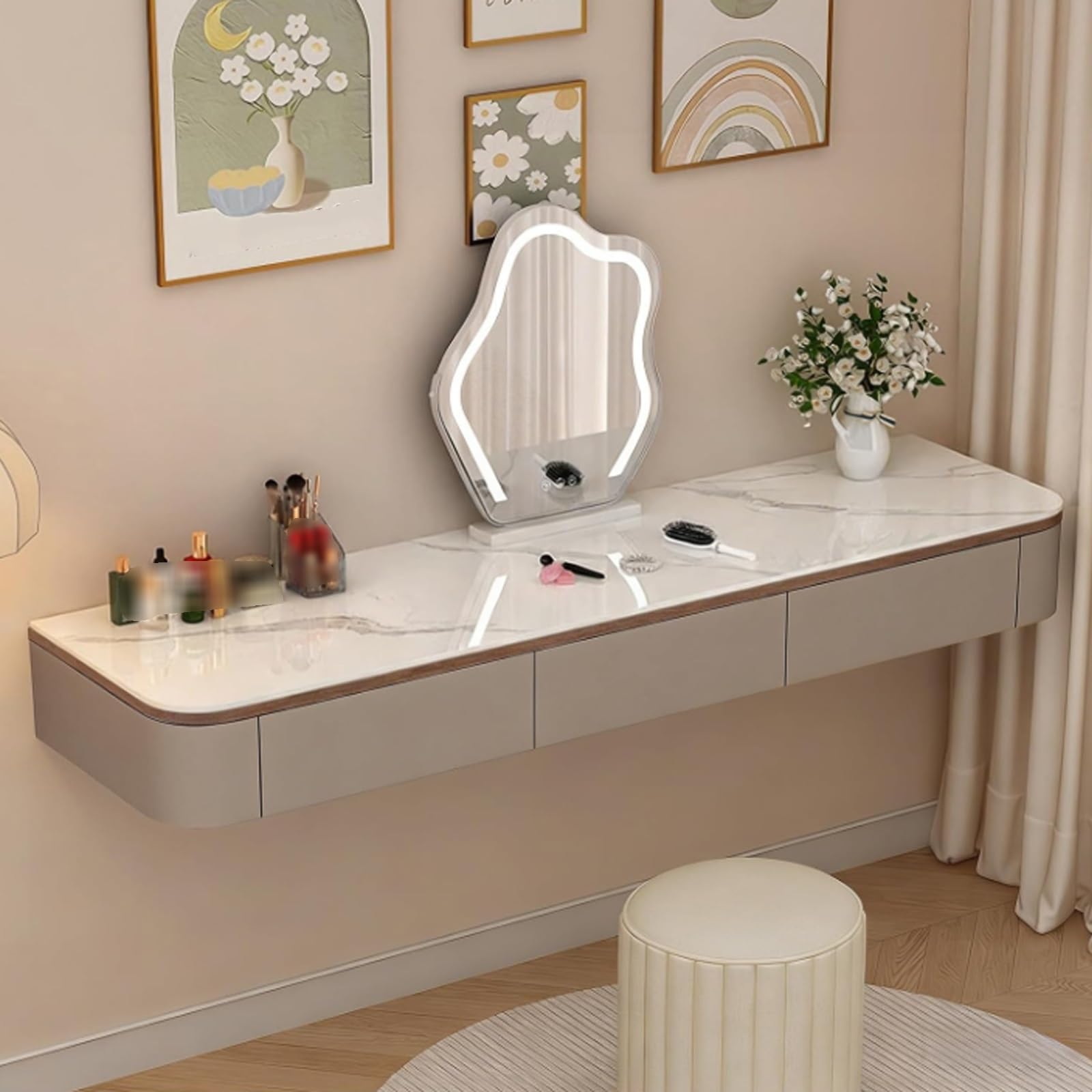Mesa de maquillaje flotante de madera maciza totalmente montada con esquinas redondeadas, escritorio multifuncional montado en la pared, parte superior de piedra sinterizada de roble caqui, 100 cm