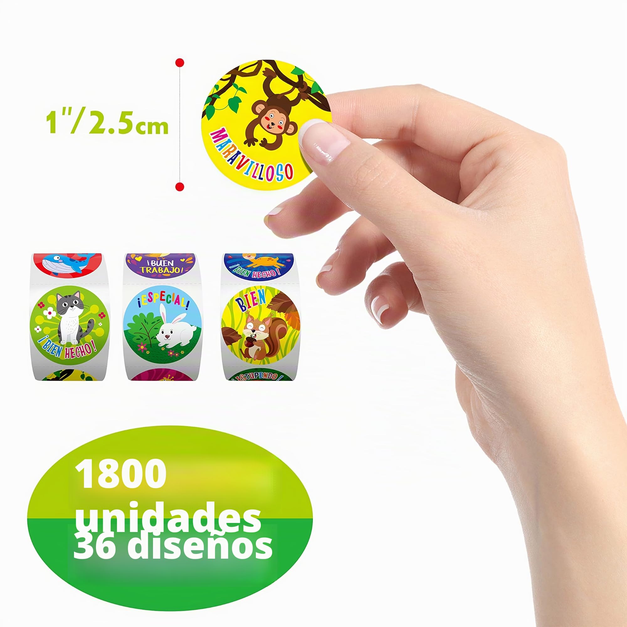 1800 Pegatina motivacional para el aliento de la recompensa del profesor en español en 36 diseños de animales para profesores, uso en el aula (cada uno mide 2.5cm de diámetro)