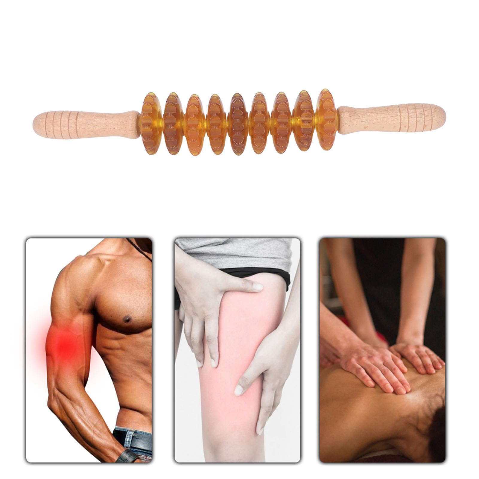 Gebogener Massageroller mit 9 Rädern, manuelles Therapie-Muskelwerkzeug aus Holz für die Lymphdrainage, Cellulite-Massage (Gelb)