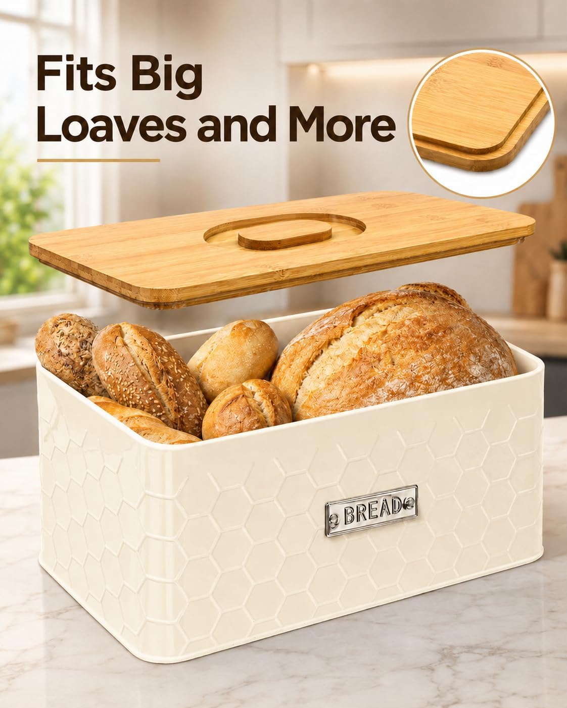 vensovo Bread Box for Countertop, Small Cream White Metal Bin, Bamboo Lid image 5