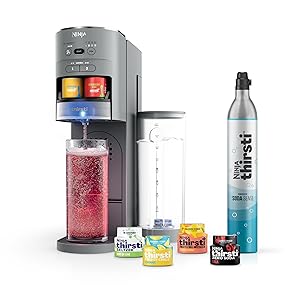 Ninja Thirsti Drink System, Soda Maker, Create Unique Sparkling & Still Drinks, Personalize Size & Flavor, Carbonated Water Machine, 60L CO2 Cylinder & Variety of Flavored Water Drops, Gray WC999AMZ