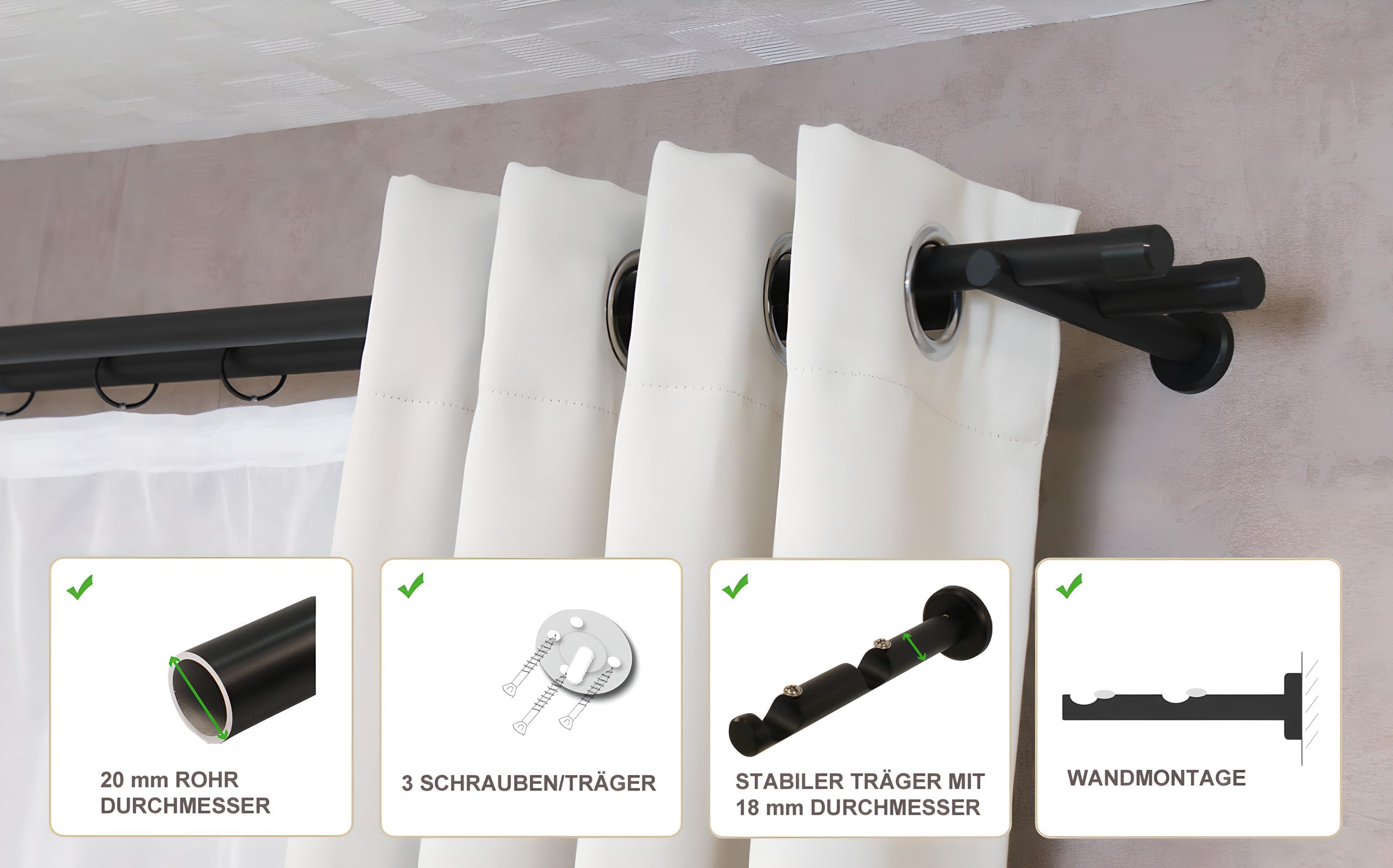 iso-design Gardinenstange schwarz 2-läufig 20 mm, Komplettset aus Metall, Vorhangstange zur Wandmontage, Gardinenstangenrohr aus Aluminium, Endstück Kappe, 240 cm (2 x 120 cm)