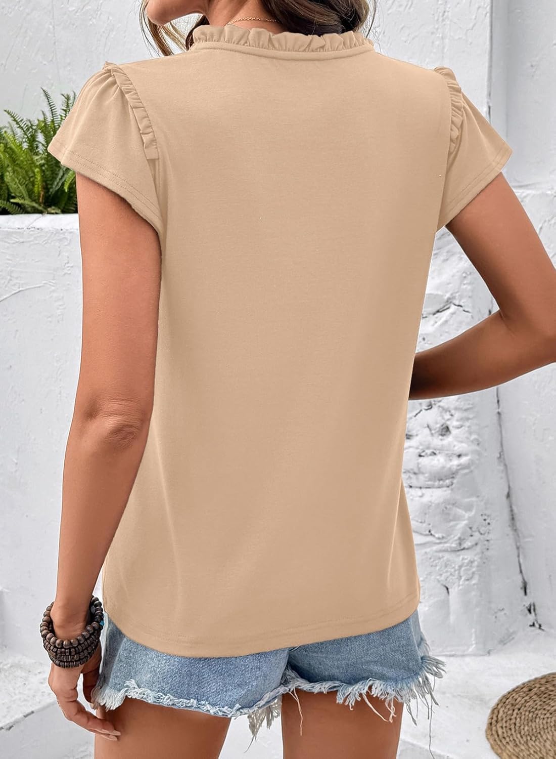 Dokotoo Women's Tops Casual V-Neck Pleated Short Sleeve Blouses Patchwork Hollow Out Ruffle Lace Shirts - Image 5